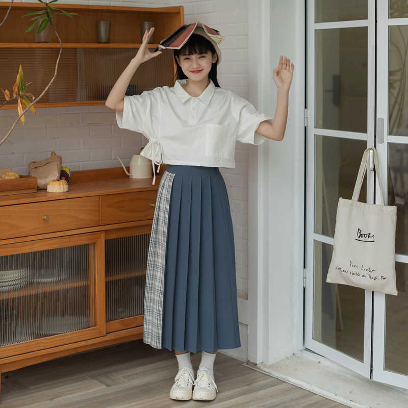 Preppy Style Patchwork Pleated Skirts Womens Summer All-match Japanese High Waist Silm Jupe Fashion Sweet Fresh Bottoms 210525