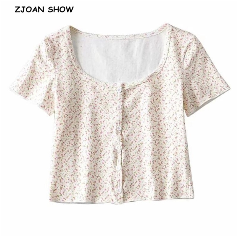5 Colors CHIC 70s Vintage O neck Floral Short Sleeve Tee Base T-shirts Girl Single-breasted Button T-shirt crop top 210429