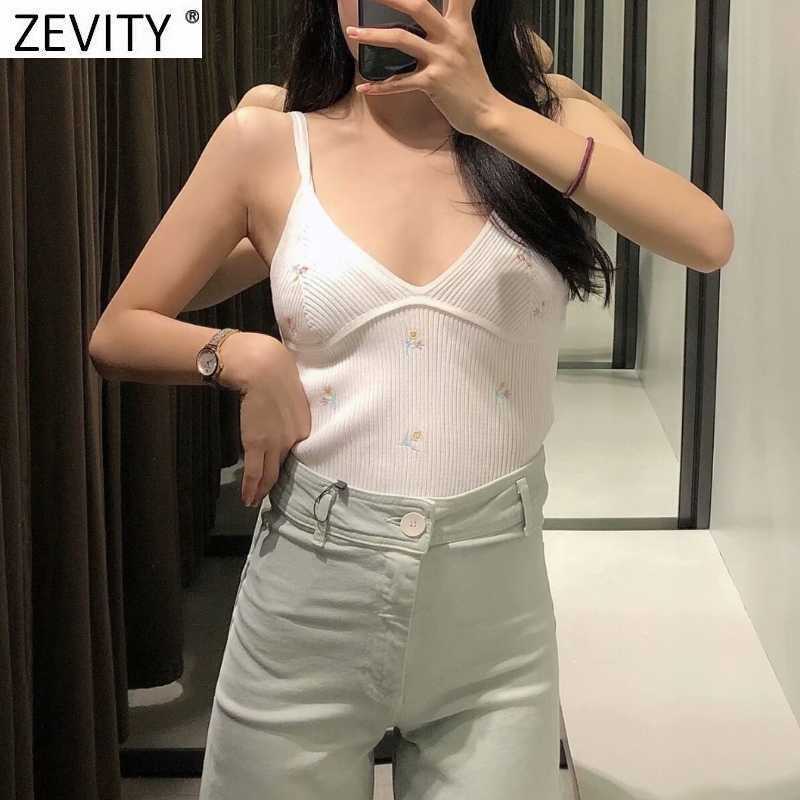 Zevity Women fashion floral embroidery camis tank tops summer wear female v neck knitted casual slim sling vest crop tops LS6984 210625