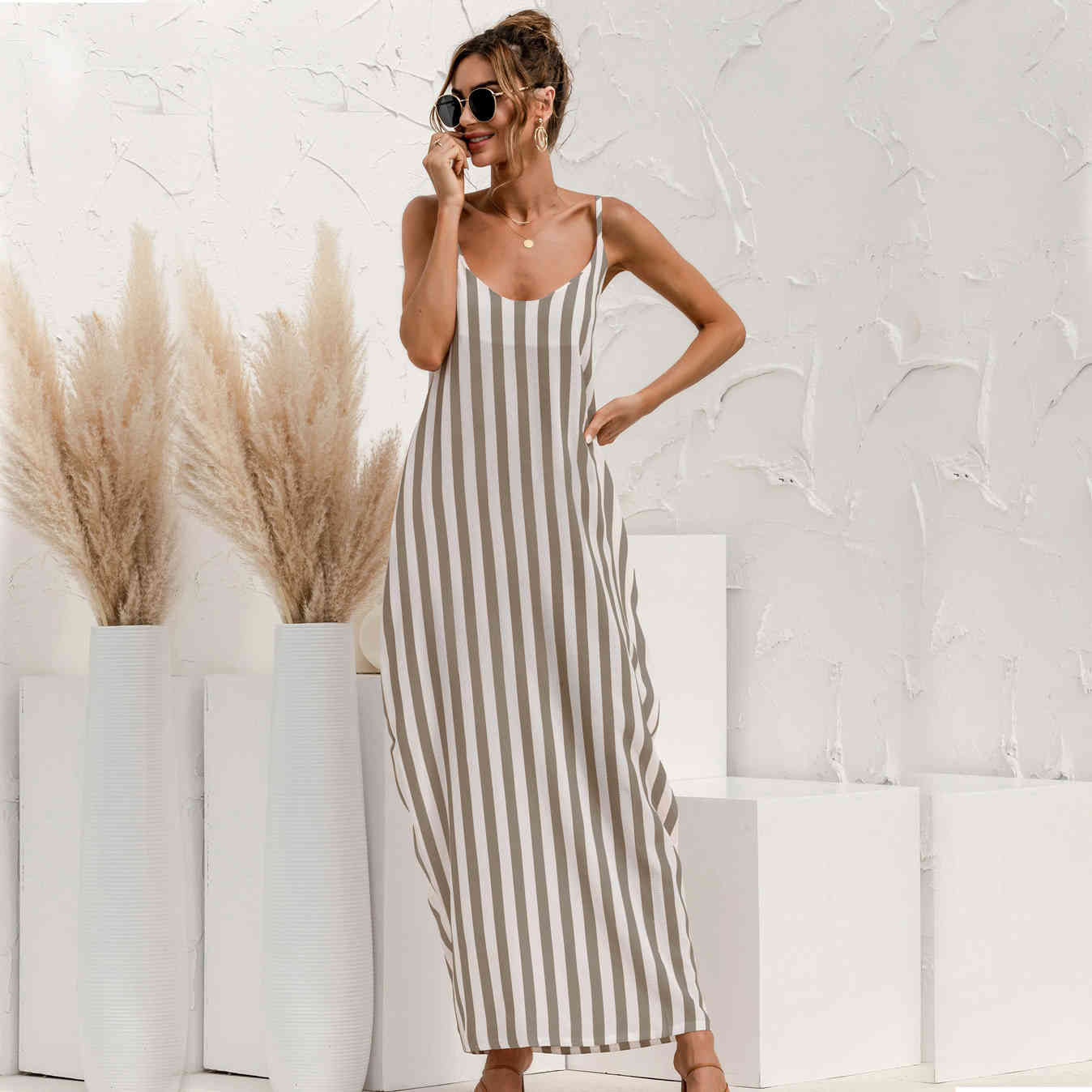 Bohe dress Summer Spaghetti Strap Loose V-Neck Striped Women's Ankle-length Dress Casual holidays female long 210524