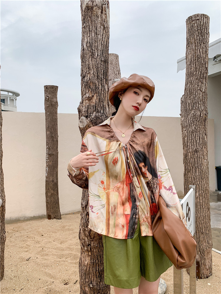 Vintage Top Oil Painting Long Sleeve Satin Blouse Women Tie Neck Button Up Collar Shirt Spring Fashion Clothing 210427