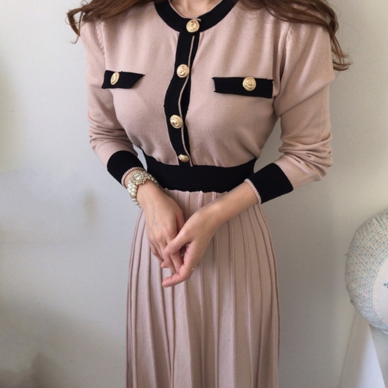 Korean Autumn Knitted Women Hit Color Patchwork Full Sleeve Single-Breasted Elegant Ladies Long Pleated Dress Vestidos 210519