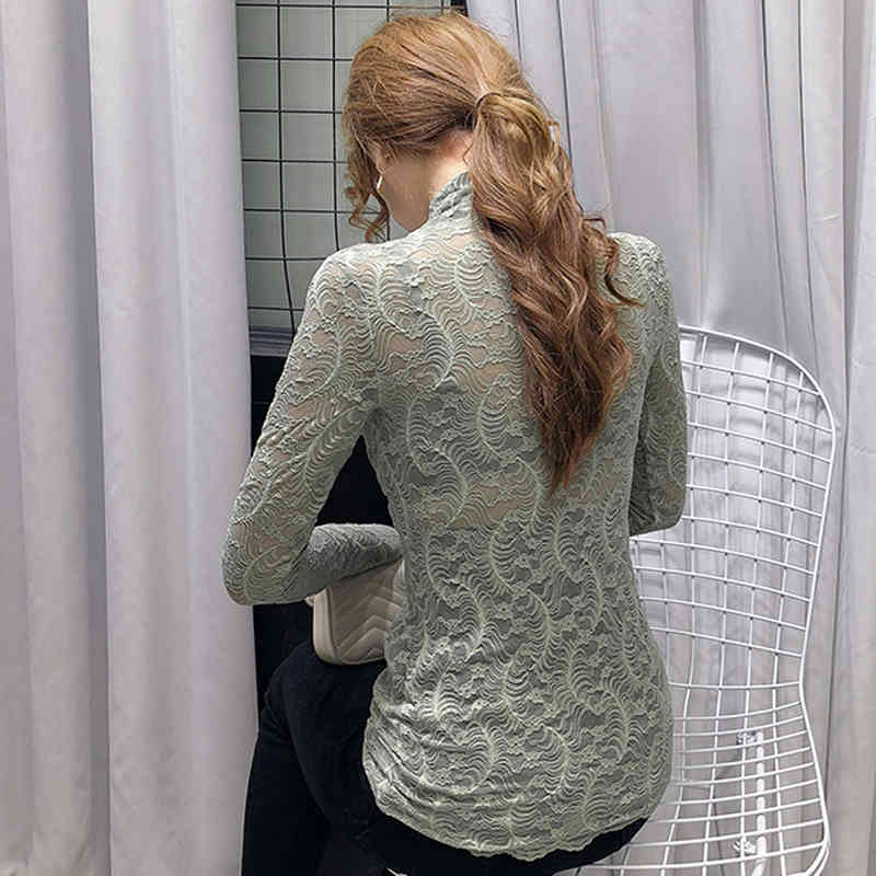 Tight Hollow Lace Shirts Spring and Autumn Long Sleeve Top Female Vintage Sexy Cross V-neck Bottoming Shirt 10634 210518
