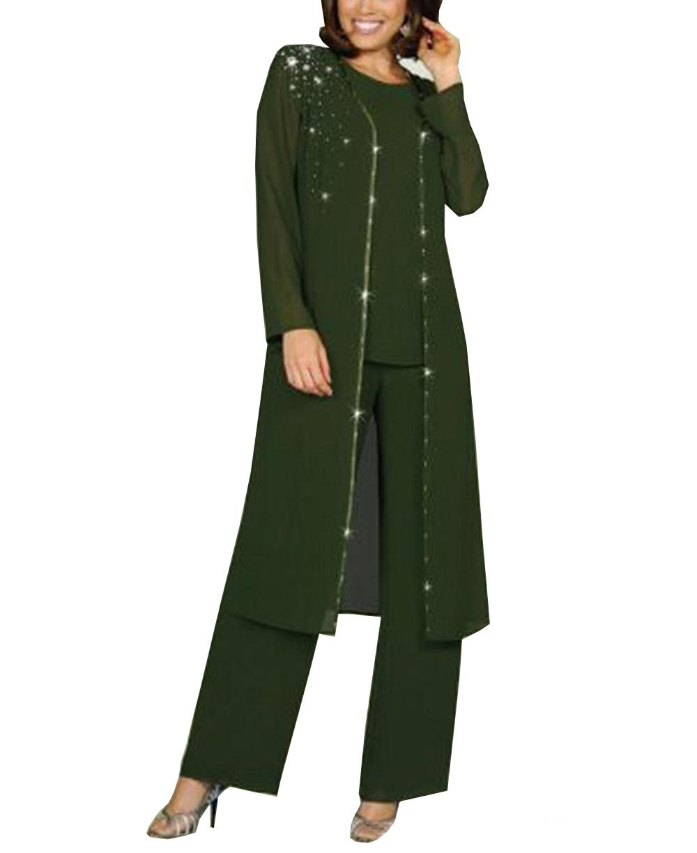 Mother Bride Pant Suits Women 3 pieces elegant crystal decoration chiffon mother of the bride dress pants suit with jacket outfit for wedding groom