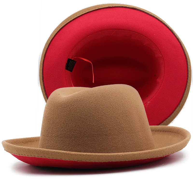New Autumn Winter Women Men White and Red Patchwork Wool Felt Fedora Hats Roll Brim Party Wedding Formal Hat Vintage Cap
