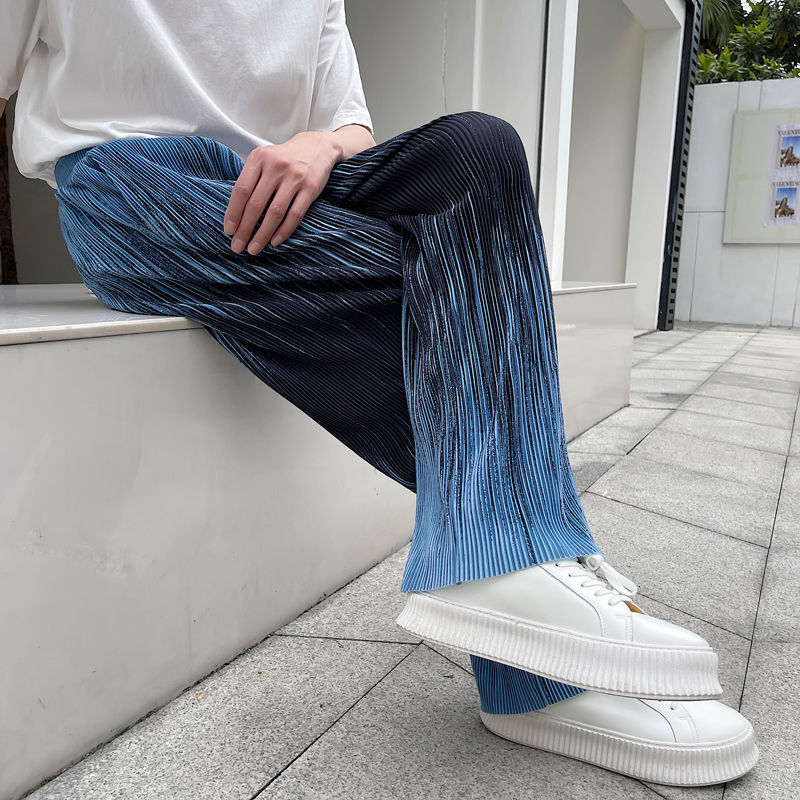 IEFB Summer Wrinkle Fabric Gradient Pattern Elastic Waist Men's Casual Pants Loose Straight Wide Leg Trousers 9Y7066 210524