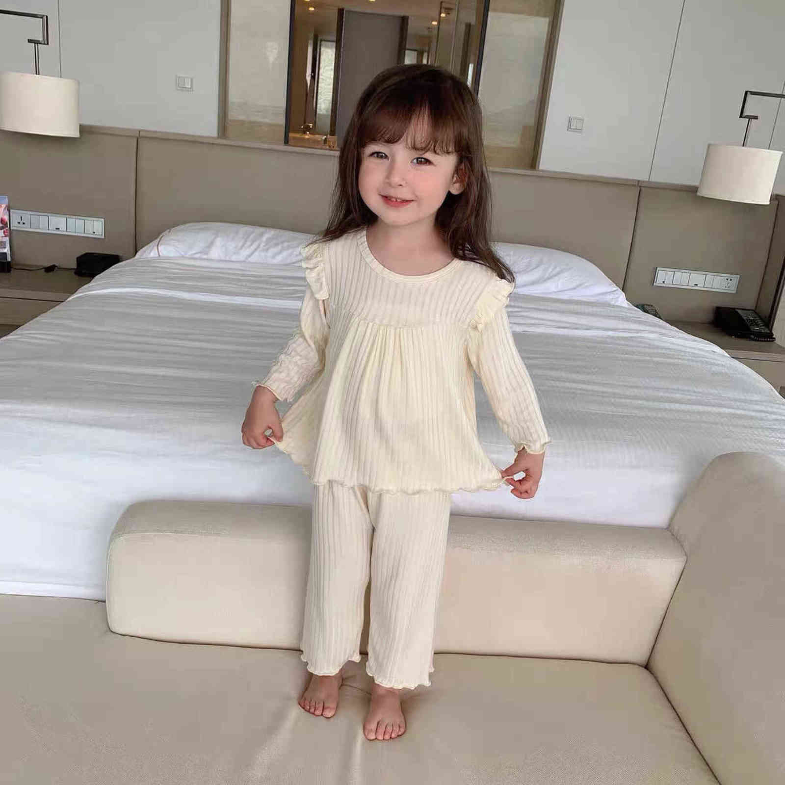 Baby Girls Pajamas Set Sweet Spring Autumn Soft Loose Ruffled Ribbed Pullover Two Piece Home Wear Infant Toddler Clothing 211130