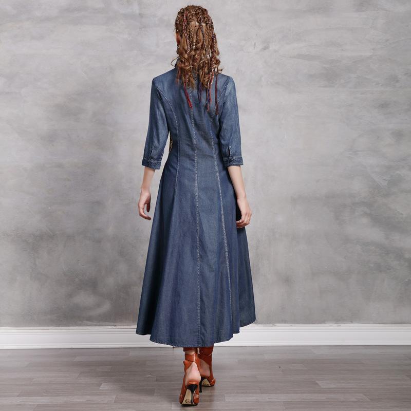 FairyNatural Ladies Chinese Style Embroidery Dresses Button Female Autumn Clothes 2021 Blue Retro Denim Slim Irregular Dress Casual