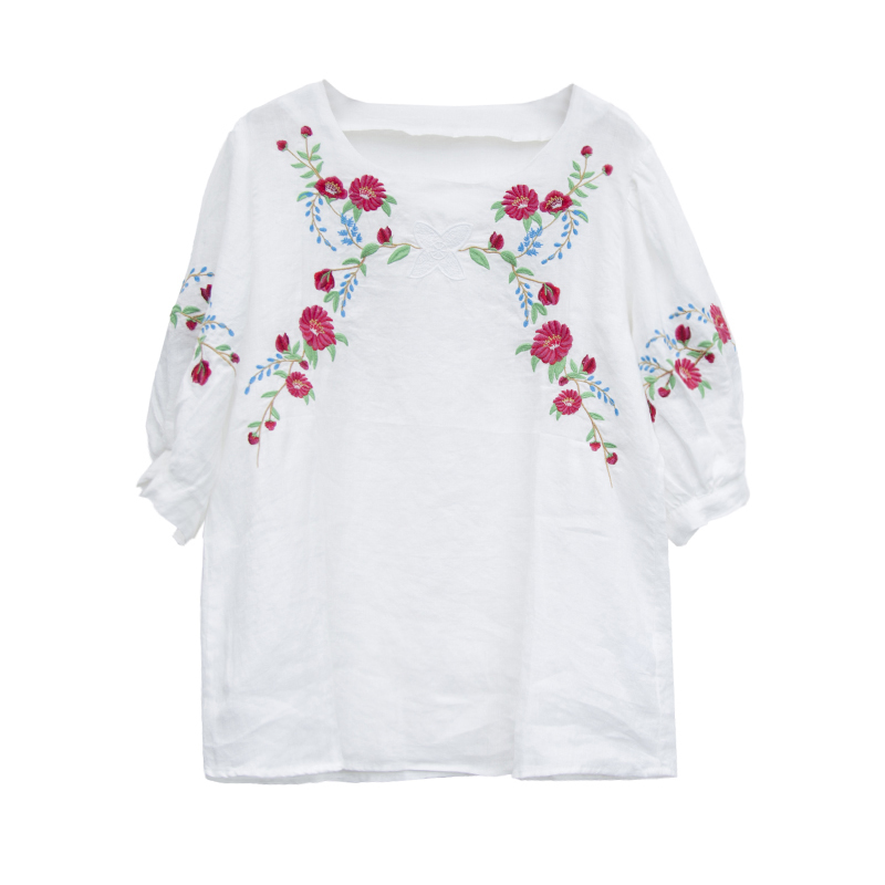 Summer Style Women Tshirt Plus Size Lantern Sleeve Loose O-neck Tops Floral Embroidery Vintage Femme linen Tee Shirt MMX01 210512