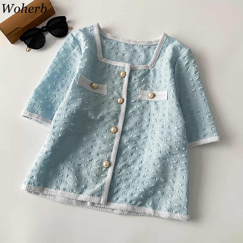 Short Sleeve Blouses Women Elegant Single Breasted Slim Shirts Korean Square Collar Blusas Vintage Temperament White Tops 210519