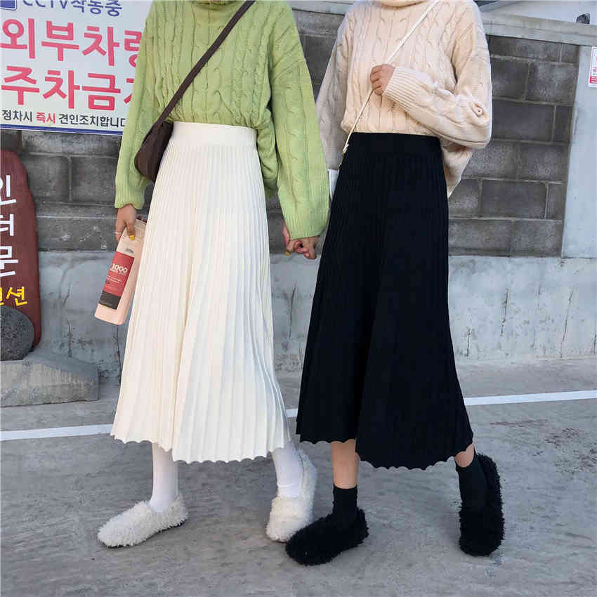Nomikuma High Waist Women Sweater Skirts Causal Solid Korean Pleated A-line Skirt Autumn Winter Mujer Faldas New 6D292 210427