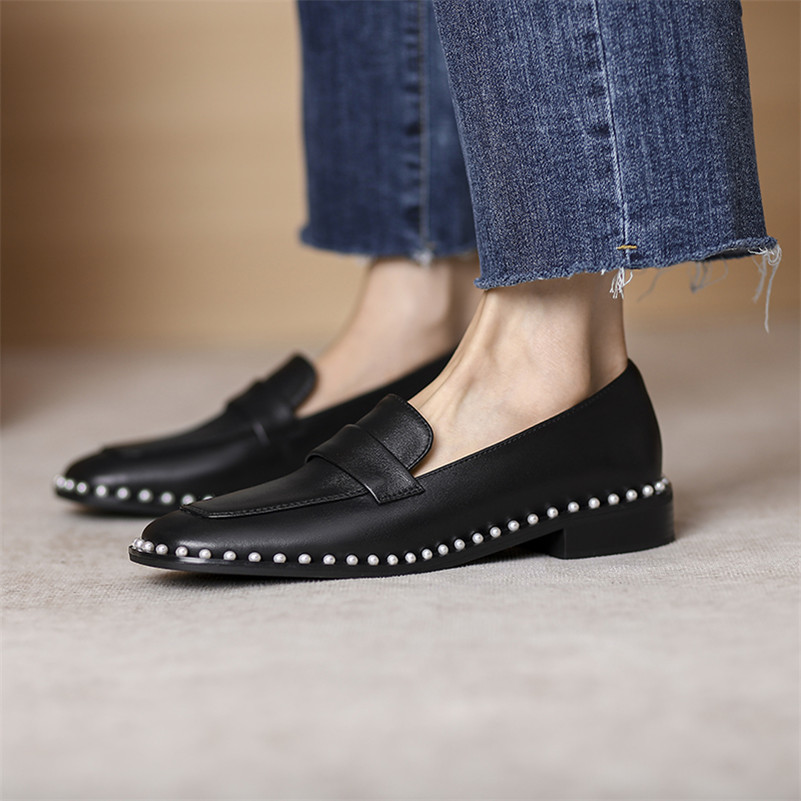 Natural Genuine Leather Low Heels Women Shoes Pearl Thick Heel Sheepskin Square Toe Pumps Female Footwear 210517