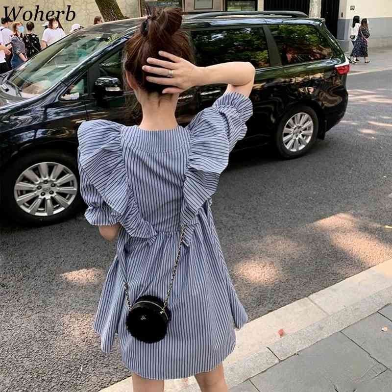 Vintage Elegant Striped Print Bandage Dress Summer V-neck Ruffle Patch Dresses Short Sleeve Mini Robe Vestidos 210519