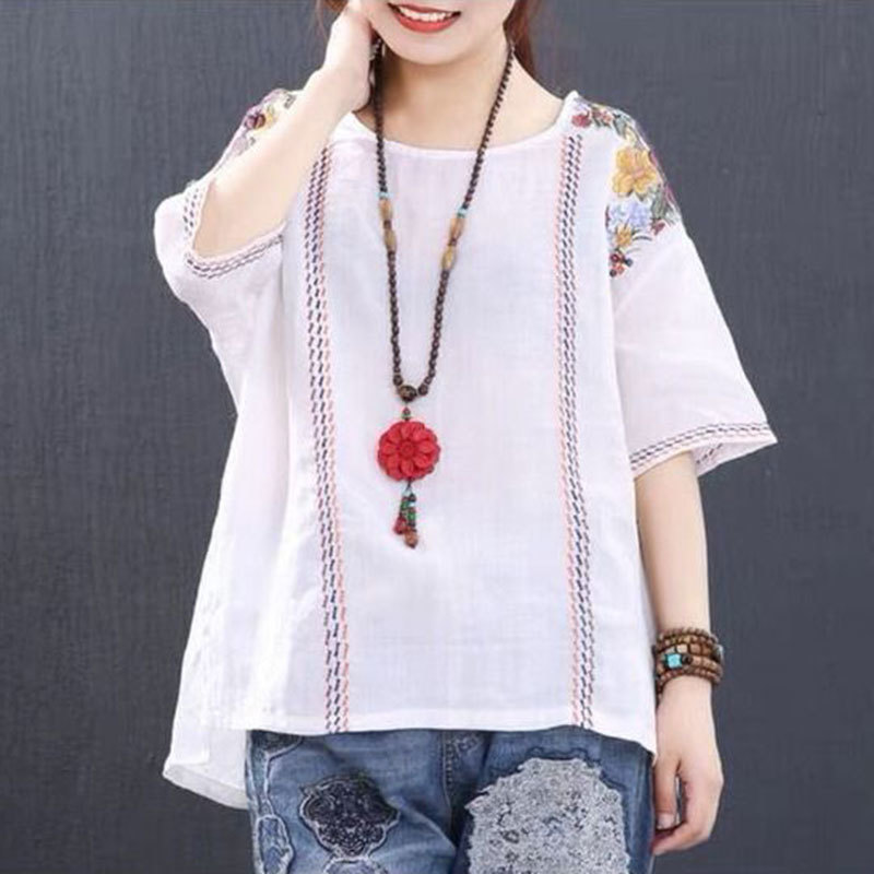 Summer Style Women Tshirt Plus Size Loose Casual Short Sleeve Tee Shirt Femme Cotton flower Embroidery Vintage Tops Big HX5 210512