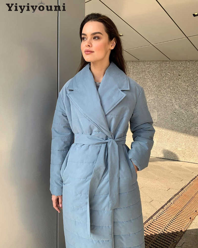 Yiyiyouni Autumn Winter Belted Long Cotton Padded Jackets Women Covered Buttons Casual Outerwear Thick Parkas Female Snow Coat 211007wtt