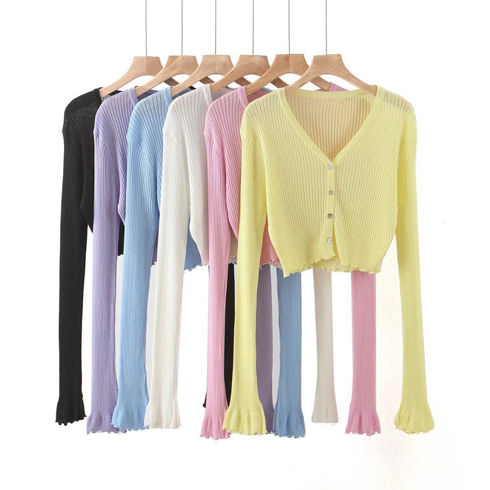 French Style Vintage Knitting Stripe Line Through Crop Knit Cardigan Sweater Woman V neck Split Long Sleeve Jumper Knitwear 210429