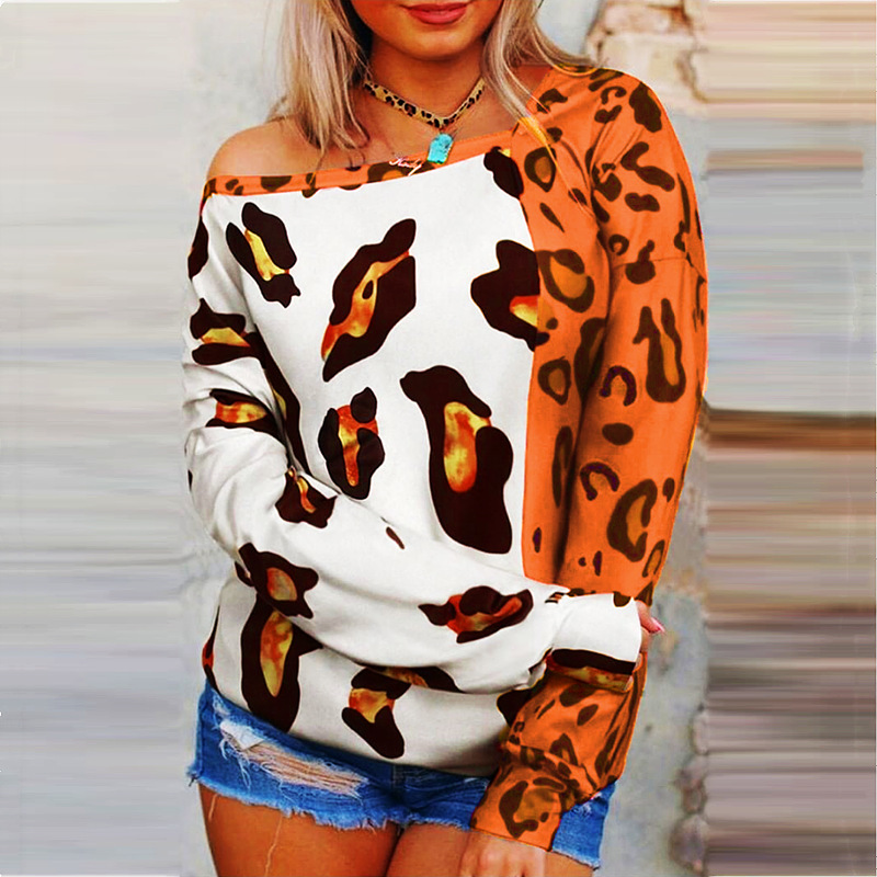 Women's Tops Tees T-Shirt Spot European American style 2021 autumn winter oblique shoulder printing color matching long-sleeved top