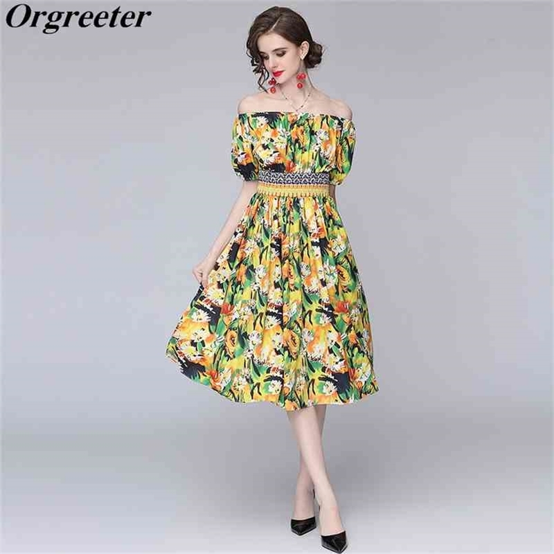 Summer Boho Yellow Floral Printed Flower Dress Women's Off Shoulder Puff Sleeve Elastic Waist Knee-length Vestidos 210602
Summer Boho Yellow Floral Printed Flower Dress Women's Off Shoulder Puff Sleeve Elastic Waist Knee-length Vestidos 210602