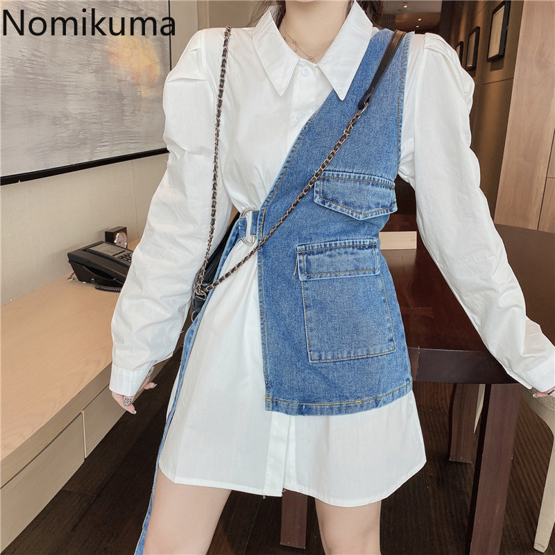 Nomikuma Irregular Korea Women 2piece Suit Vintage Belt Slim Waist Jeans Vest + Drawstring Pleated Puff Sleeve Blouse Sets 6E032 210427