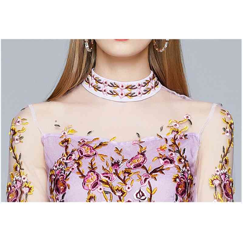 Arrival Vintage Elegant Mesh Embroidery Dress Women Summer Purple Flower Casual Midi Long Dresses Vestidos 210520