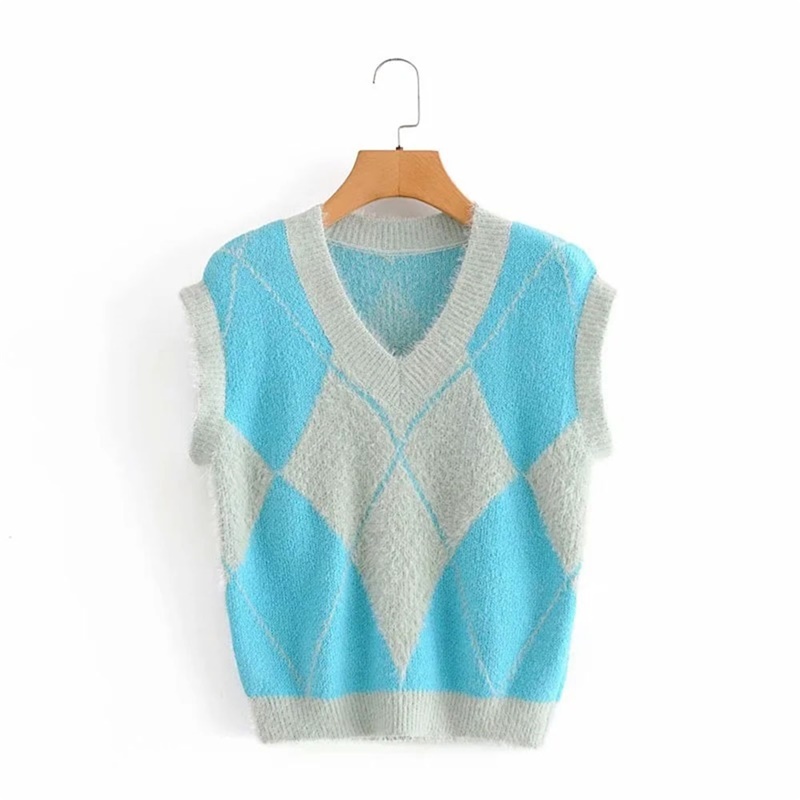 Women Fashion Blue Diamond Check Removable Sleeves Knitted Vest Sweaters Vintage V Neck Female Chic Jumper Tops 210520, Multi
Women Fashion Blue Diamond Check Removable Sleeves Knitted Vest Sweaters Vintage V Neck Female Chic Jumper Tops 210520, Multi