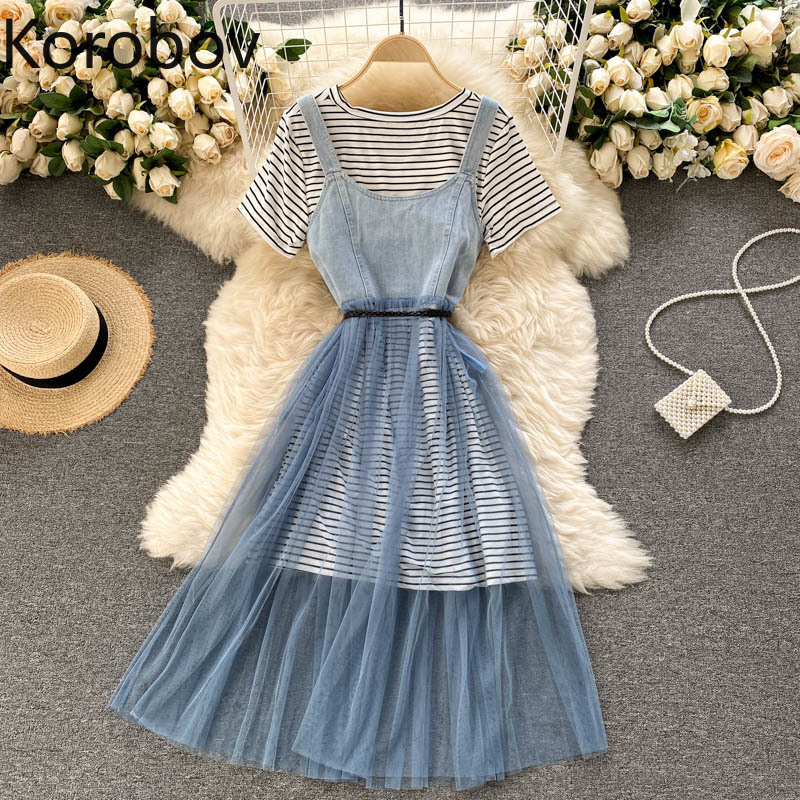Preppy Style Suit Two Piece Set Women Striped Long Tshirt Sling Gauze Dress Femme Roupas Chic Sweet 2 210519
