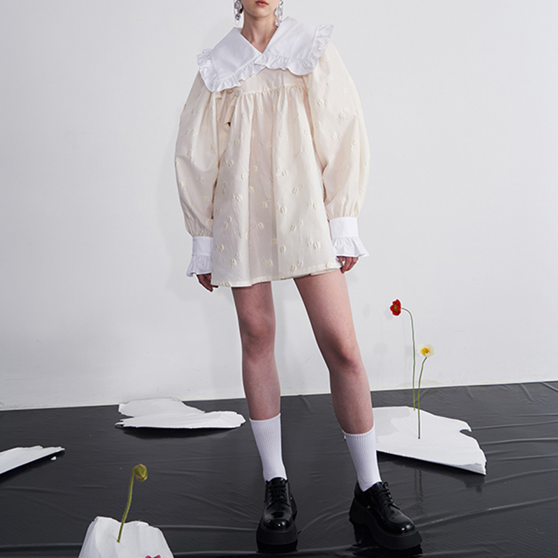 VGH Sweet Loose Dress For Women V Neck Lantern Long Sleeve Patchwork Hit Color Casual Elegant Dresses Female Fashion New Style 210421