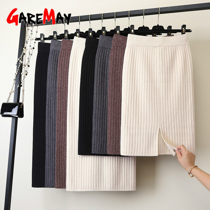 Spring Autumn Elastic Band Knitted skirts for women Warm slim High Waist Straight Skirt Ribbed women's Casual maxi skirt 210428