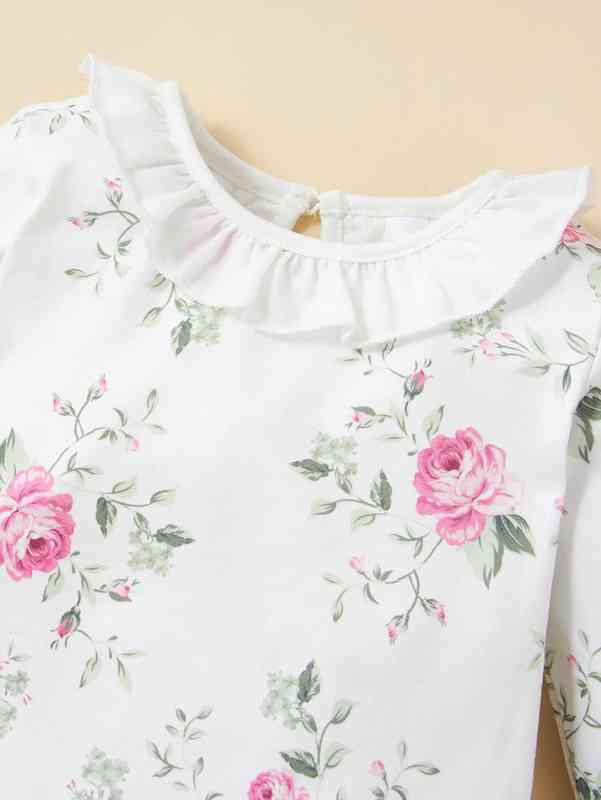 Baby Floral Print Ruffle Trim Bodysuit & Cable Textured Pants SHE