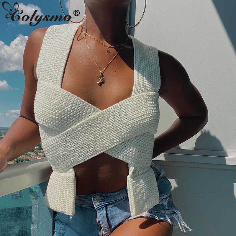 Colysmo Knitted Sweater Vest Solid Color Hollow out Crossed Slim Fit Elegant Crop Tank Top Women Sexy Bustier Chic Streetwear 210527