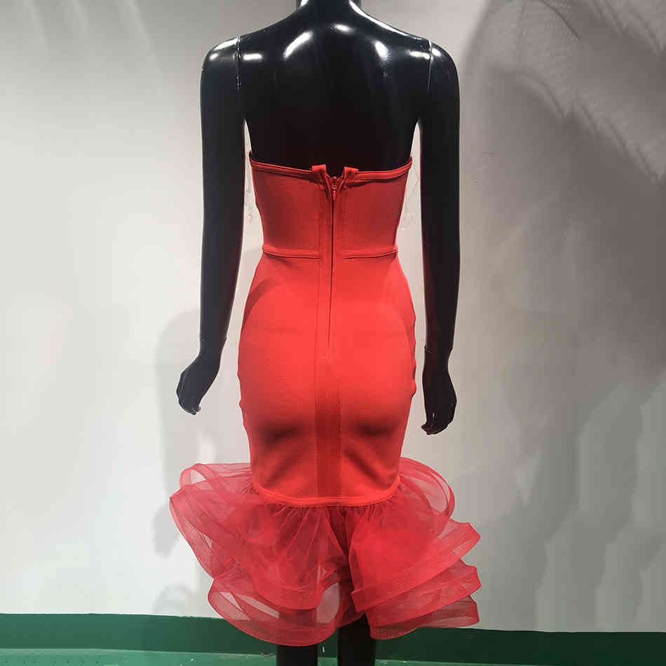Ladies Red Ruffled Bandage Dress Vestido Sexy Sleeveless Strapless Club Elegant Celebrity Party 210525