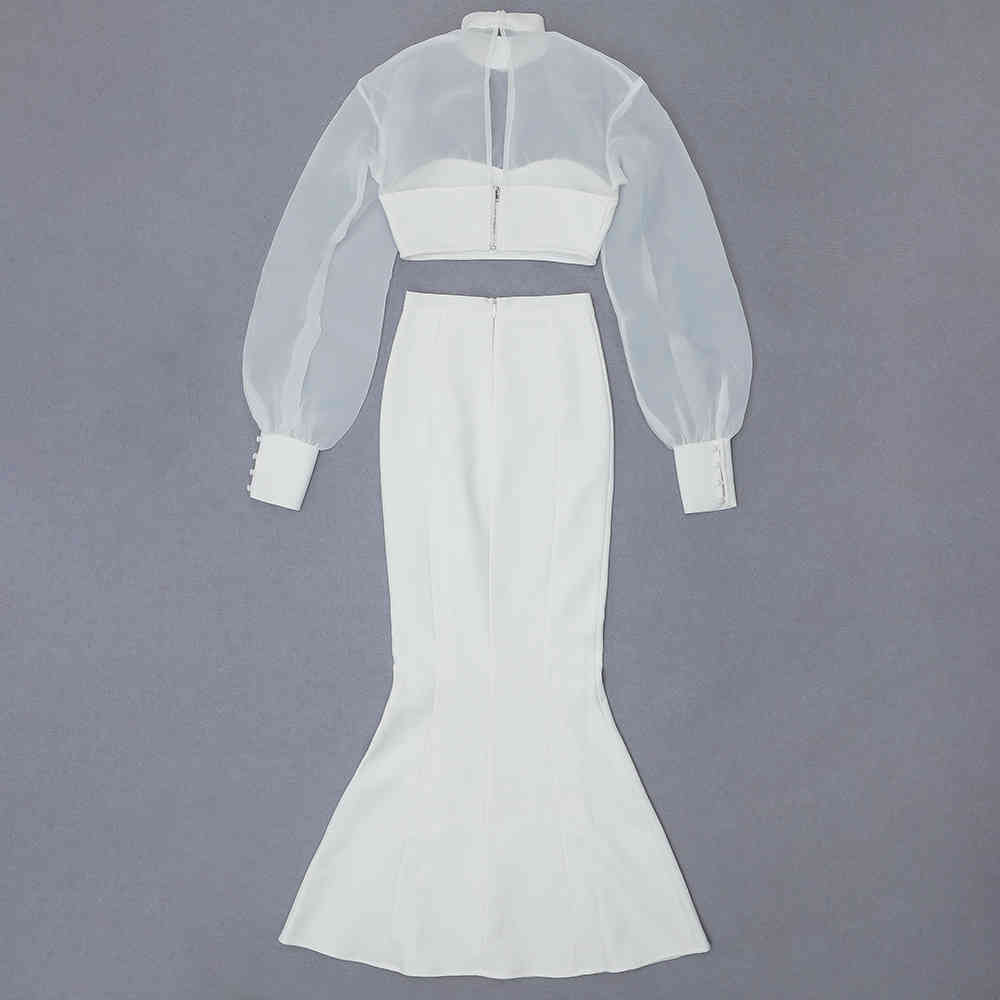 Women Set Bandage Elegant Party Club Celebrity Two Piece White Top Skirts Long Sleeve Suits Ladies Clothes 210515