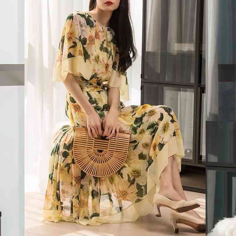 vintage yellow flower printed O-neck ruffles midi ruched summer spring dress women femme dresses robe boho mujer vestidos 210421