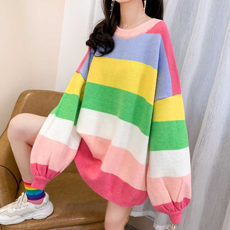 H.SA Women Winter Long Sweaters Casual Striped Rainbow Pull Sweaters Oneck Chic Streetwear Korean Oversized Pullover Roupa 210716