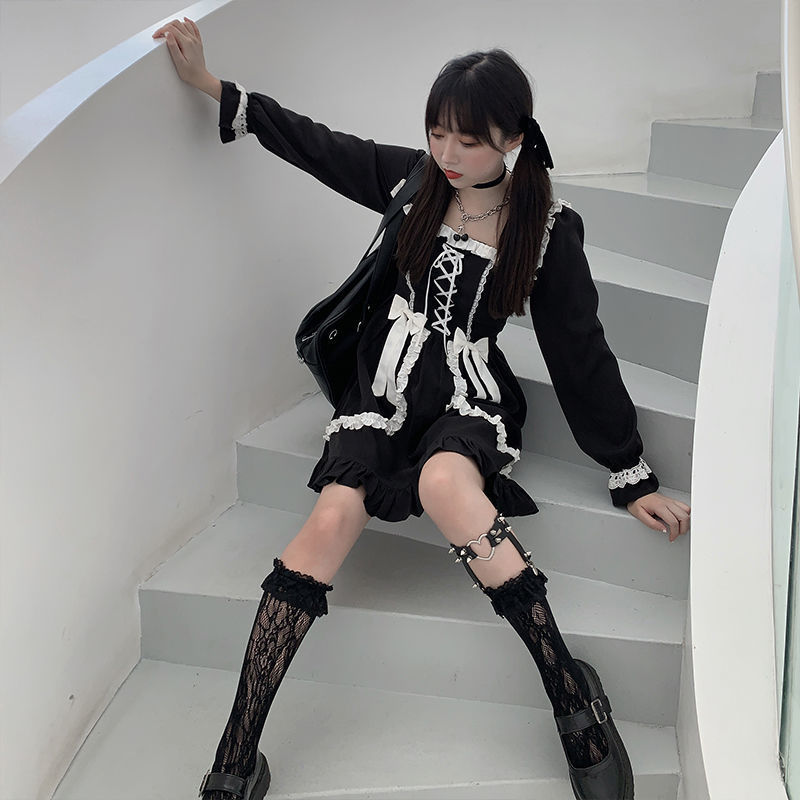 Japanese Lolita Gothic Dress Girl Patchwork Vintage Bandage Mini Robe Kawaii Clothes Fall es for Women 210519