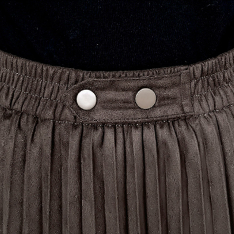 Women's Solid Pleated Suede Leather Skirts Autumn Winter High Waist Loose Retro Faux Skirt Female 210514