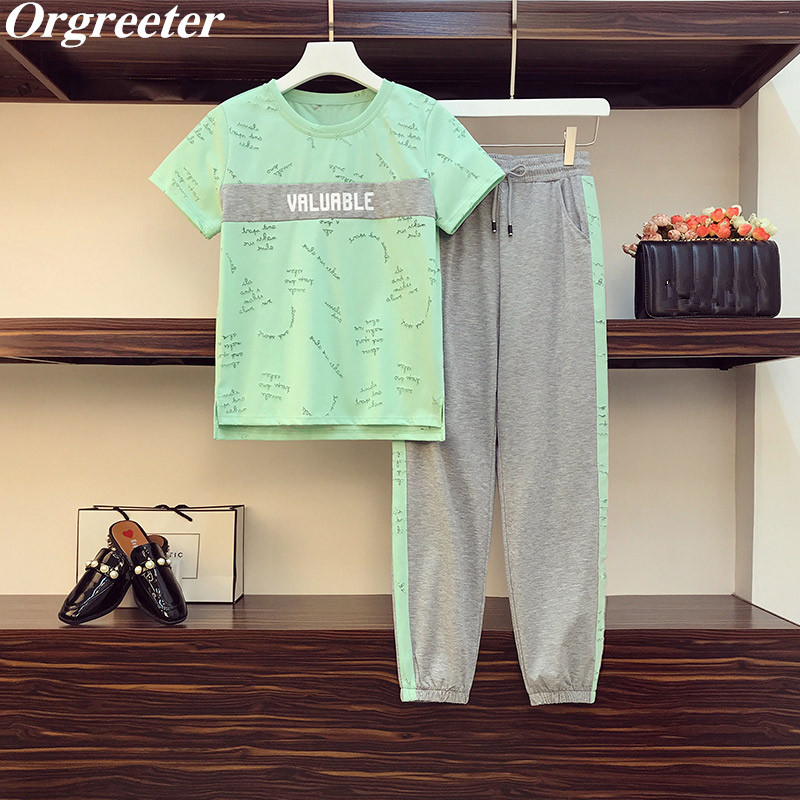 Plus Size Sports Suit Women Summer Letters Printted Short Sleeve Tee + Striped Pants Casual Tracksuit 2 piece student Sets 210525, Green
Plus Size Sports Suit Women Summer Letters Printted Short Sleeve Tee + Striped Pants Casual Tracksuit 2 piece student Sets 210525, Green