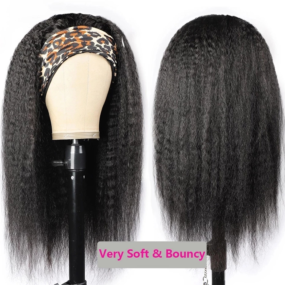 Headband Wigs For Black Women Malaysian Kinky Straight Human Hair With Scarf Synthetic Wig 250 Density