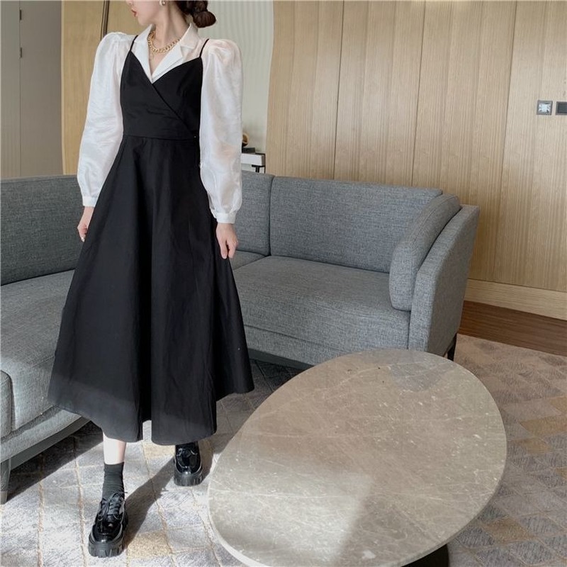 Nomikuma Korean Sweet Women Sets Elegant Puff Sleeve Blouse Shirt + Bow Bandage Sling Dress Spring Two Pieces Sets 6F746 210427