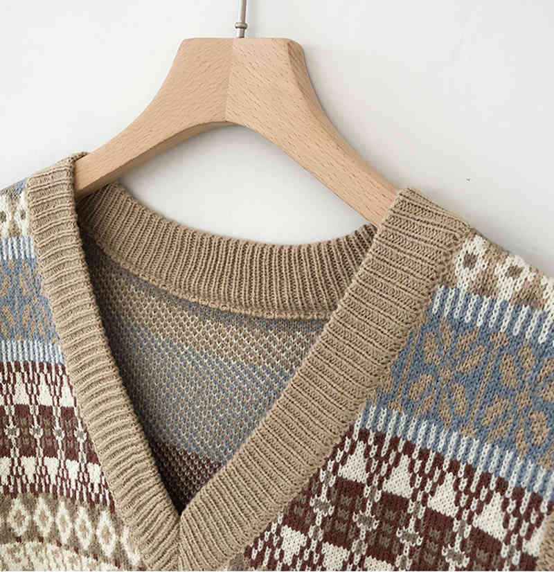 Geometric Knitted Vest Sleeveless Sweater Loose Oversized Basic Vintage Pullovers Jumper Female Street Wear 210510