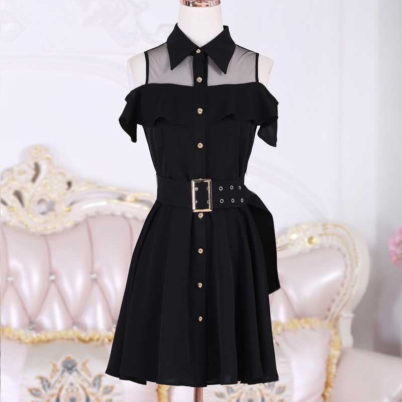 Korean OL Single Breasted Women Summer Dress Sweet Chic Black office work Short mini Dresses With Belt Vestidos jurken 210623