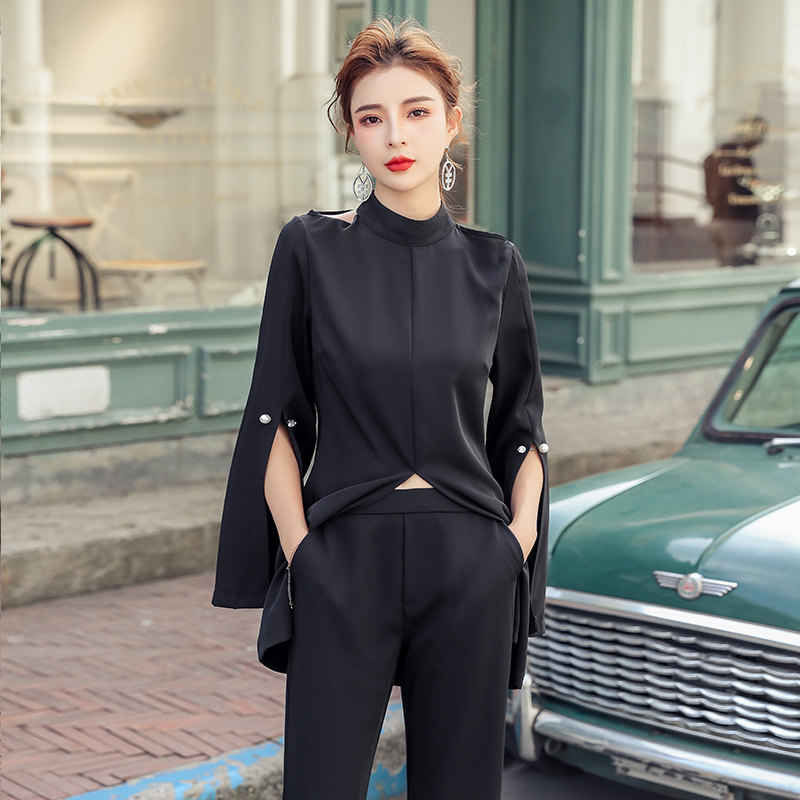 Fall Women Black 2 Piece Set Sexy Blouse + Higt Wiast Wide Leg Pants Suit Korean Style Slim temperament Office Lady 210506