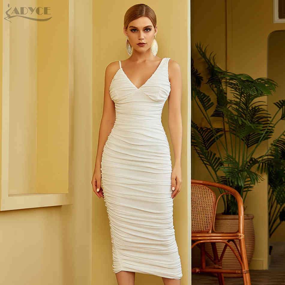 Summer White Sleeveless Club Party Dress Sexy Spaghetti Strap V Neck Mesh Women Celebrity Runway Dresses Vestidos 210423