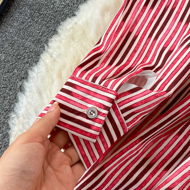 DEAT Women Printing Striped Dress Lapel Long Sleeve Arrivals Lady Temperament Fashion Spring Autumn 11D1642 210709