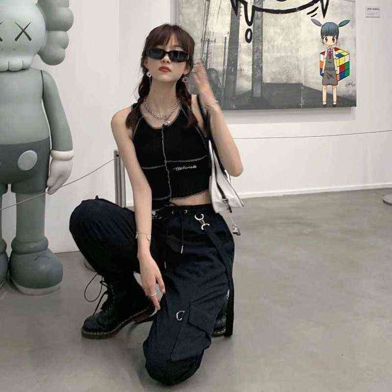 QWEEK Gothic Cargo Pant Harajuku Black High Waisted Hippie Streetwear Kpop Oversize Mall Goth Trousers For Female 211124Z