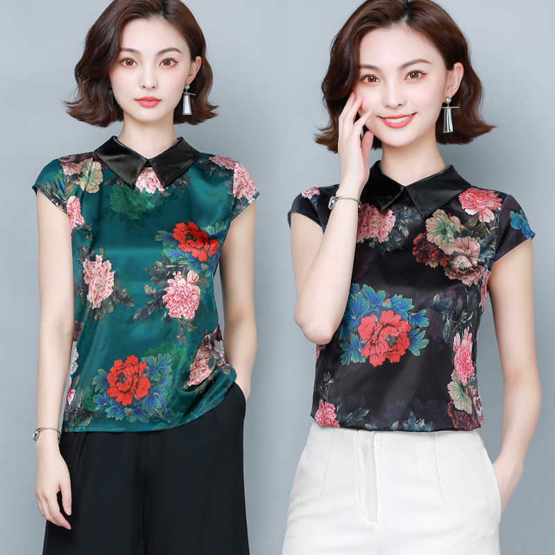 Korean Silk Women Blouses Woman Satin Print Shirt Ladies Peony Floral Top Plus Size Blusas Mujer De Moda 210531