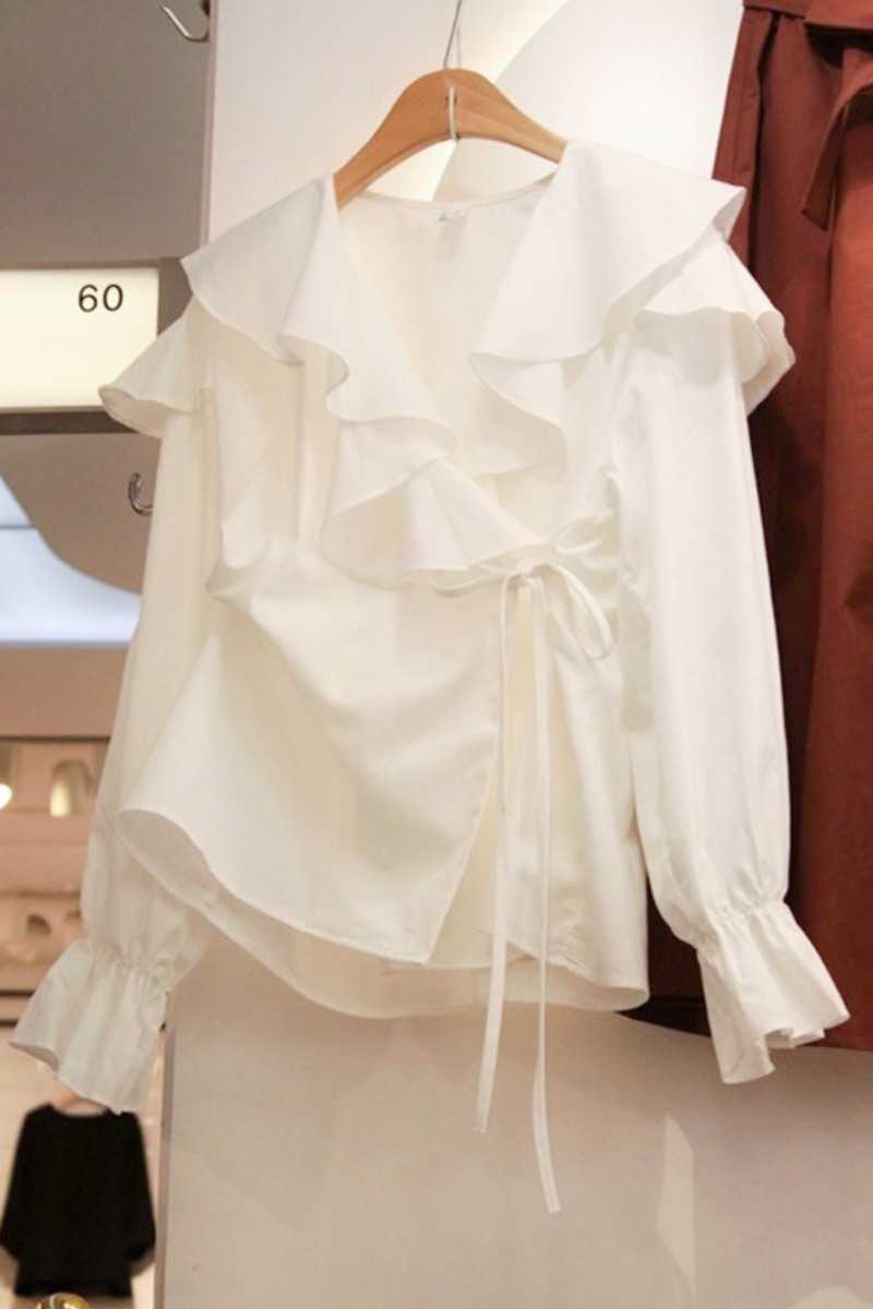 Spring Style Ruffle Fashionable Sweet White V Neck Flare Sleeve Shirt All Match Top Blouse Women 210615