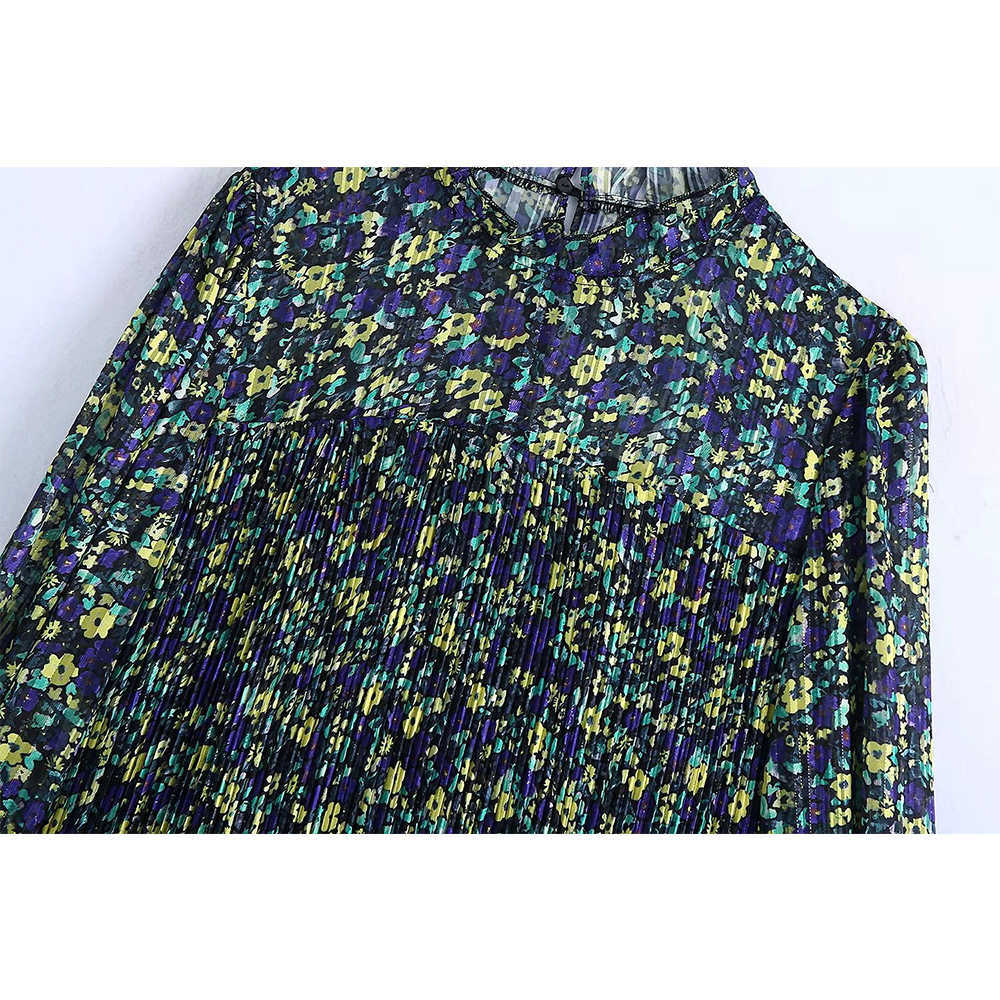 Women Chiffon Dress Printed Pleated Short Mini dress Long Sleeves Chic Lady elegant Vintage Casual Woman Dresses 210709