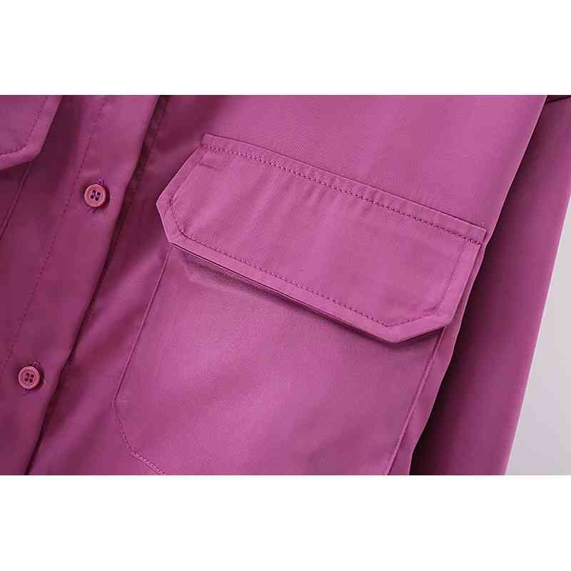 Elegant Women Purplish Red Shirts Fashion Ladies Turn Down Collar Pocket Tops Causal Female Chic Satin Soft Blouse 210430