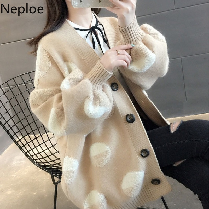 V Neck Print Cardigans Single Breasted Lantern Sleeve Women Sweater Autumn Winter Clothes Oversized Outwear 210422